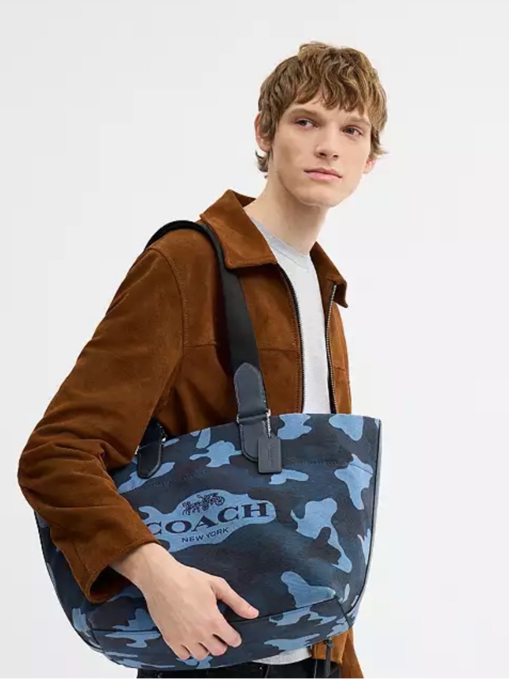 Coach Blue Camo Canvas tour Tote with Black Leather Handles